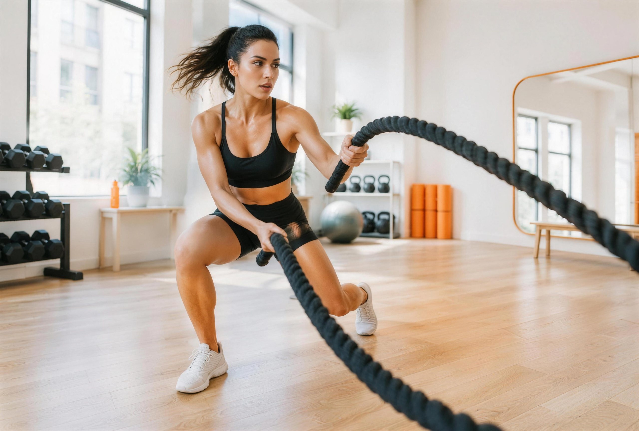 Member training with battle ropes in the bright FORM studio