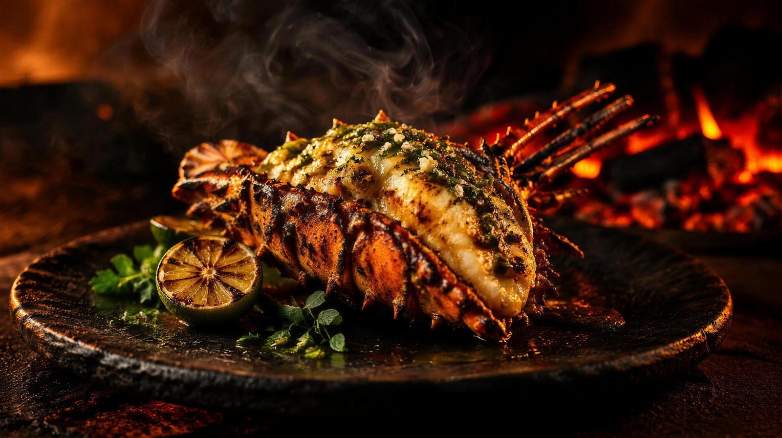 Ember & Salt sample site: grilled spiny lobster over open embers